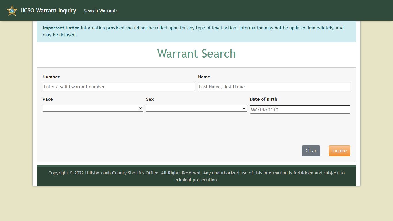 HCSO Warrant Inquiry Search | HCSO, Tampa FL