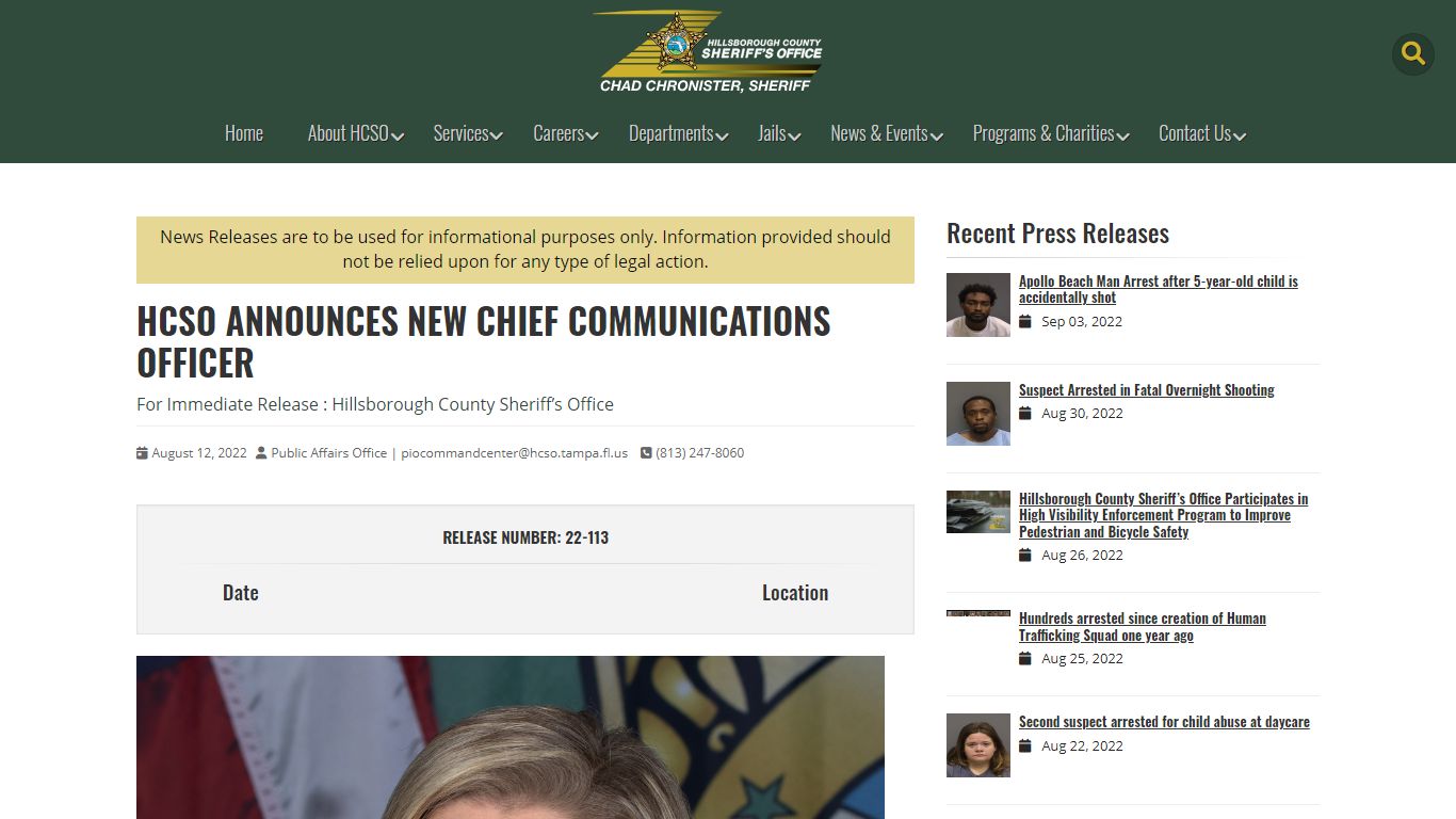 HCSO Announces New Chief Communications Officer | HCSO, Tampa, FL